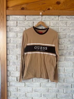 GUESS Tan Tee with Black Contrast Ribbed Collar
